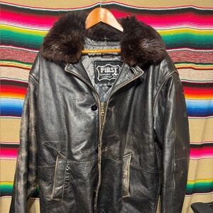 Men's Black Leather Coat with Fur Collar